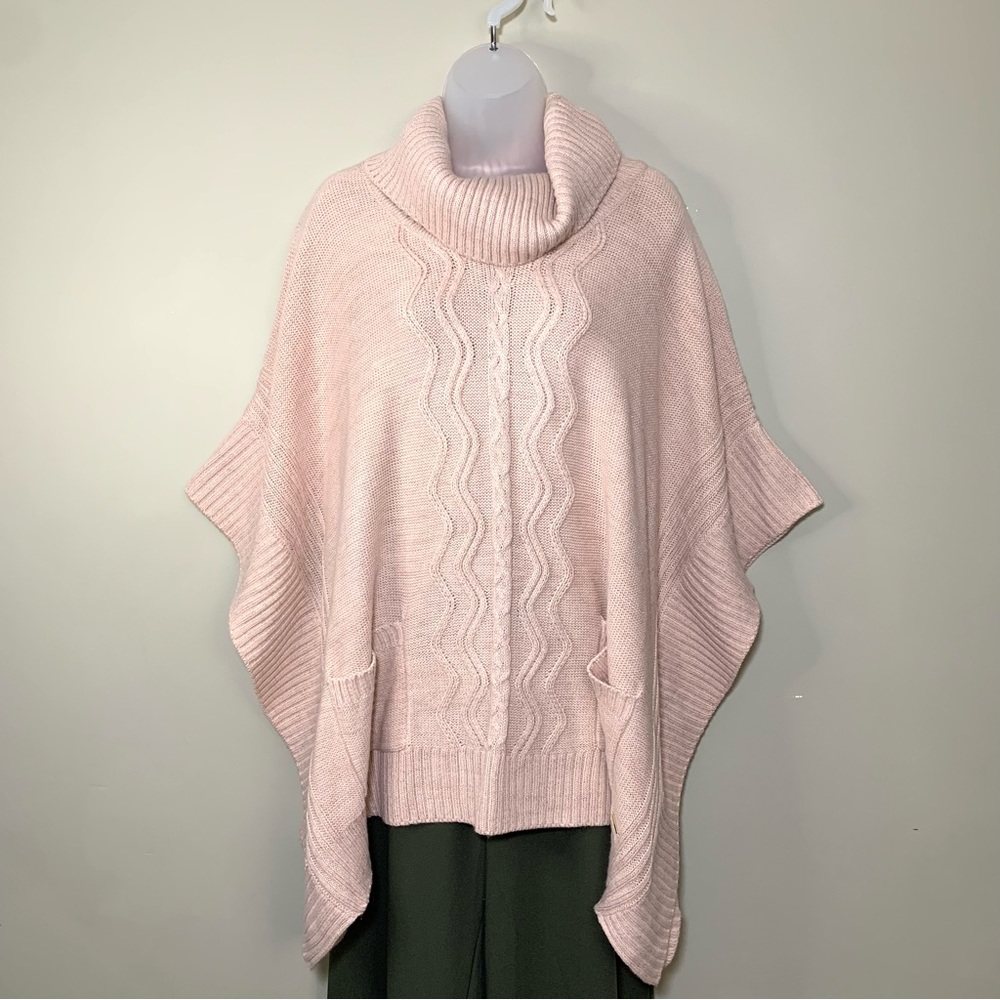 Black Rivet Blush Pink Lurex Cable Knit Poncho Turtleneck Cowl Neck Sweater OS